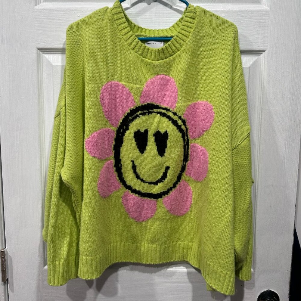 ASOS Oversized Smiley Flower Sweater – Lime Green